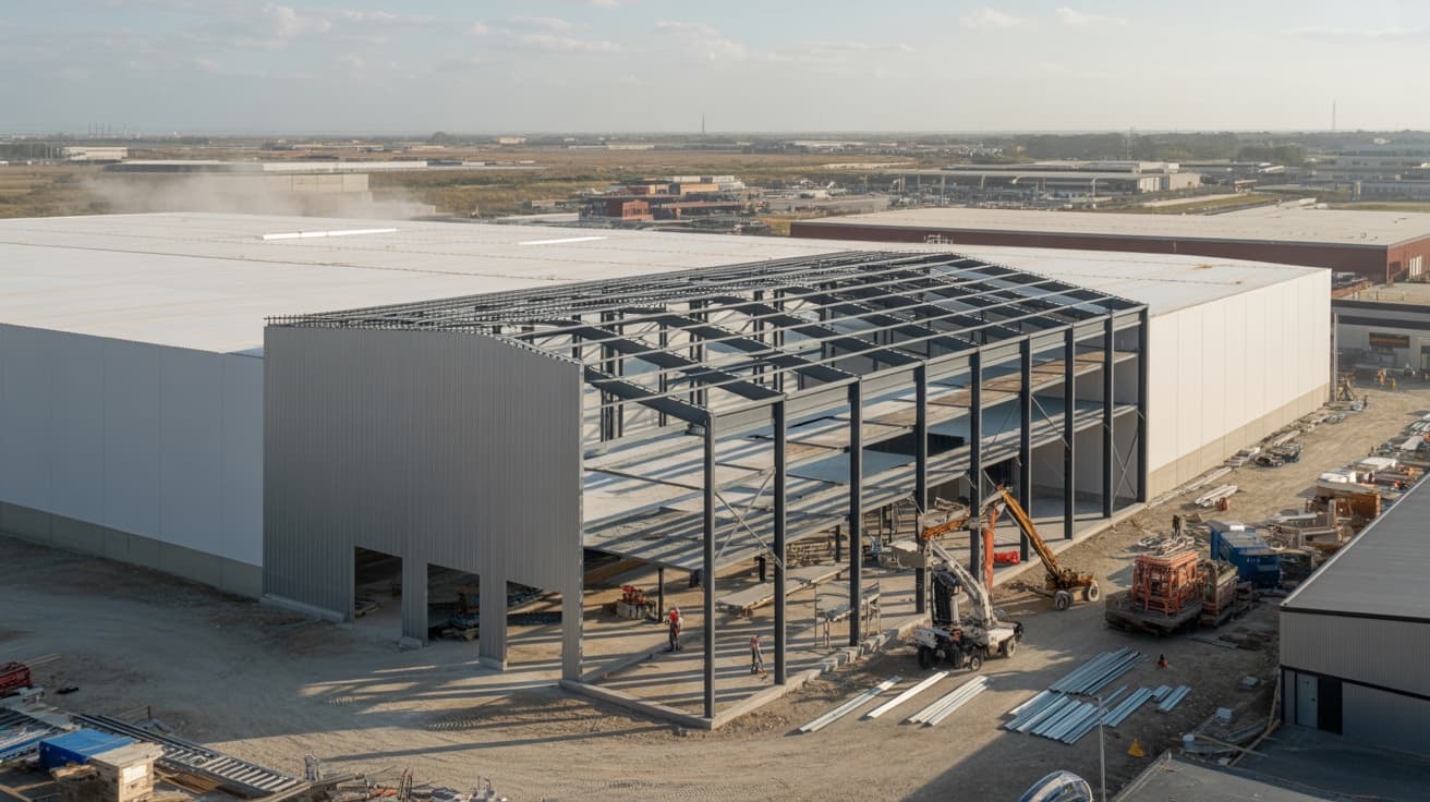 Industrial building expansion with new structure connecting to an existing operating facility