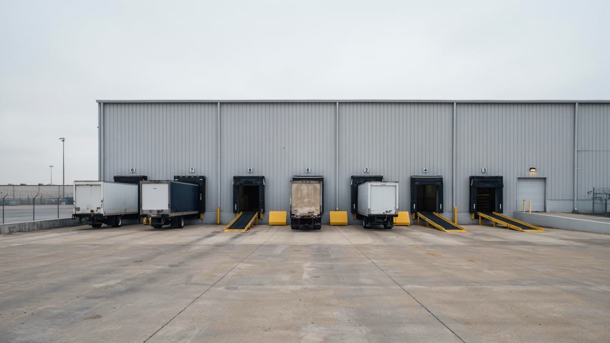 Loading docks at an industrial building with trucks backed into bays equipped with dock levelers