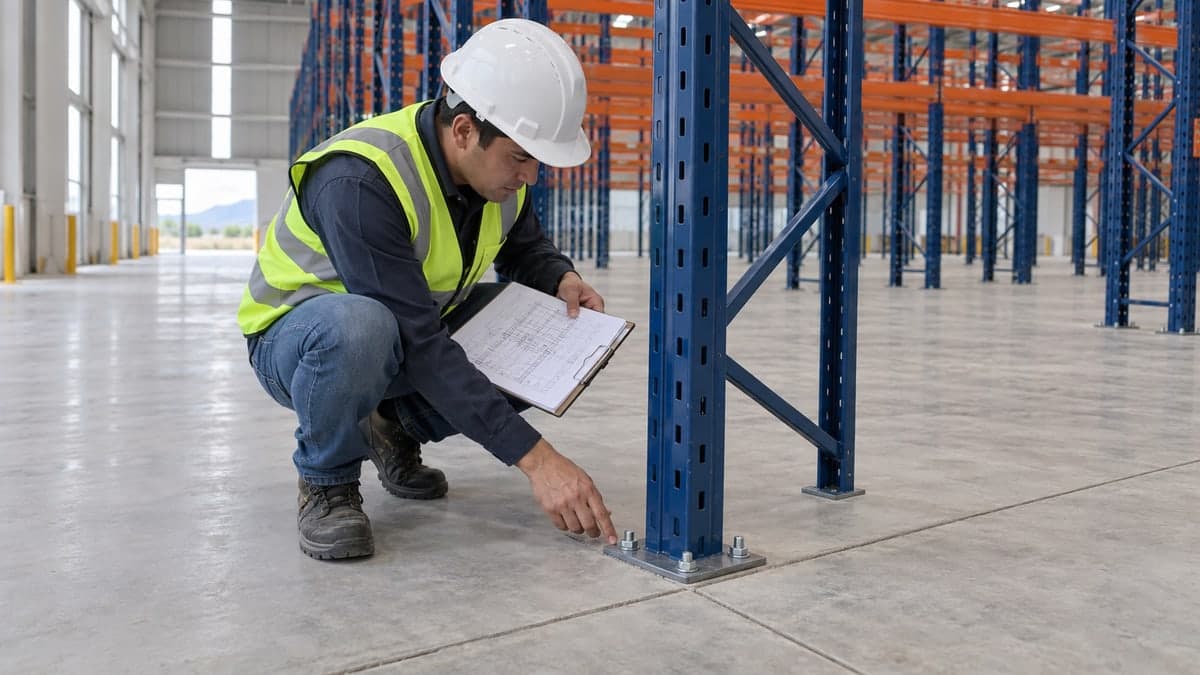Ingeniero inspeccionando la placa base y los anclajes de un rack vacío junto a una junta del piso de concreto de una nave industrial