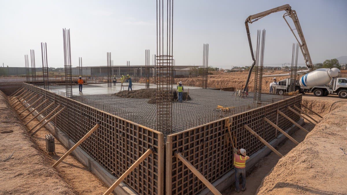 Excavation and foundation work for an industrial building with reinforcing steel and workers