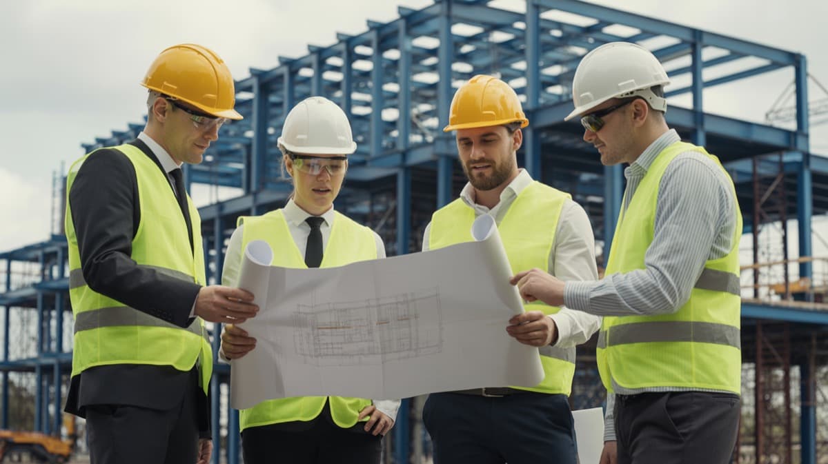 Construction team reviewing drawings at an industrial jobsite