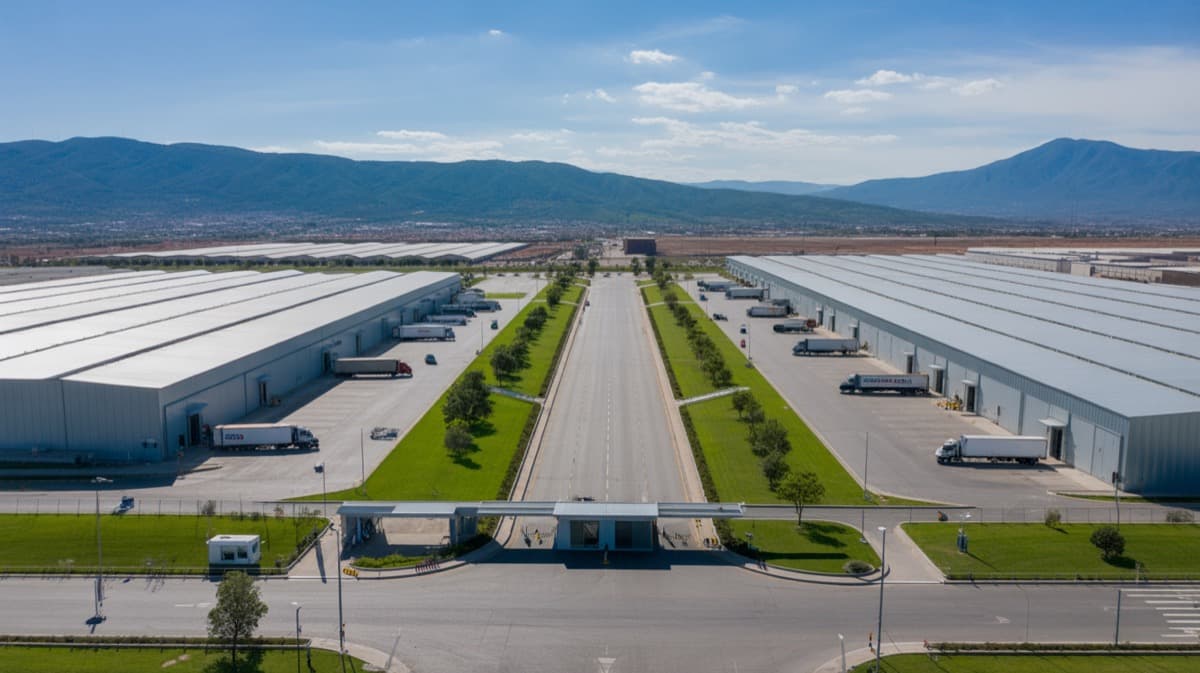 Vista aérea de un parque industrial moderno en Querétaro con naves industriales y áreas verdes