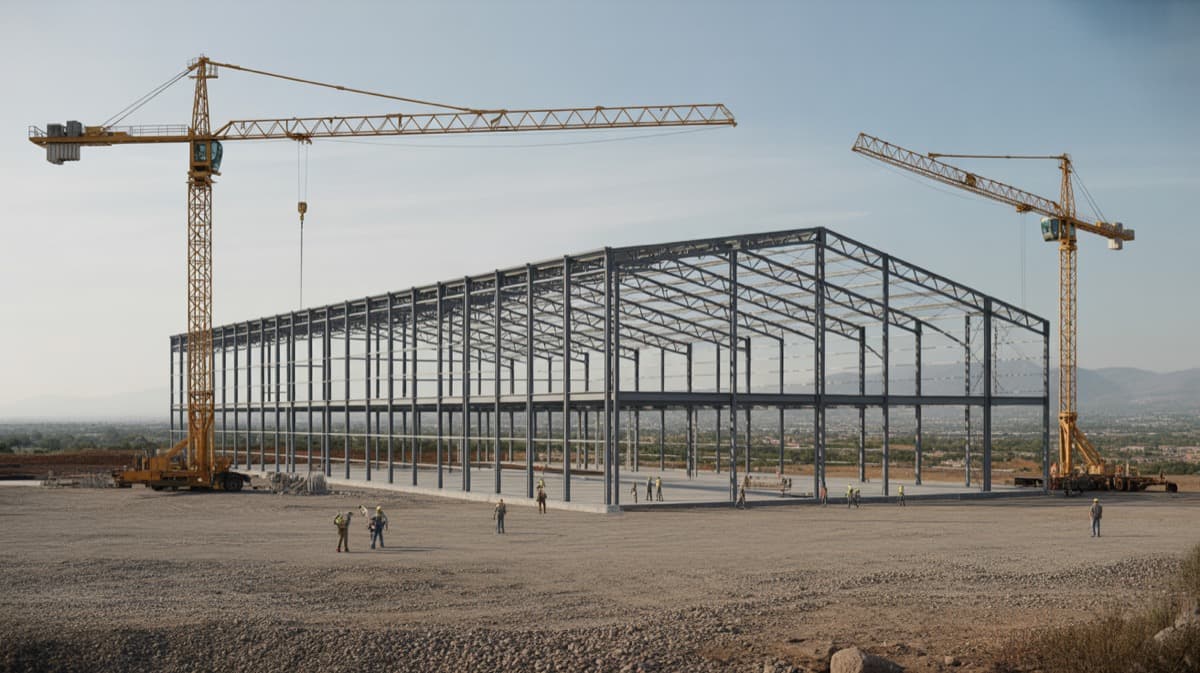 Industrial building under construction with a steel structure in Querétaro