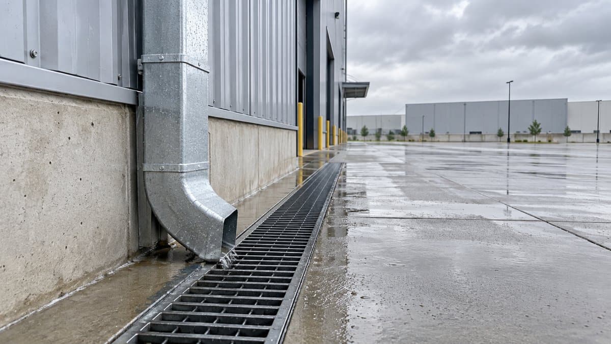 Metal downspout beside a grated stormwater channel outside an industrial building after rain.