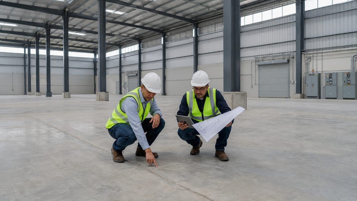 Technical team inspecting an industrial building available for lease before the agreement is signed