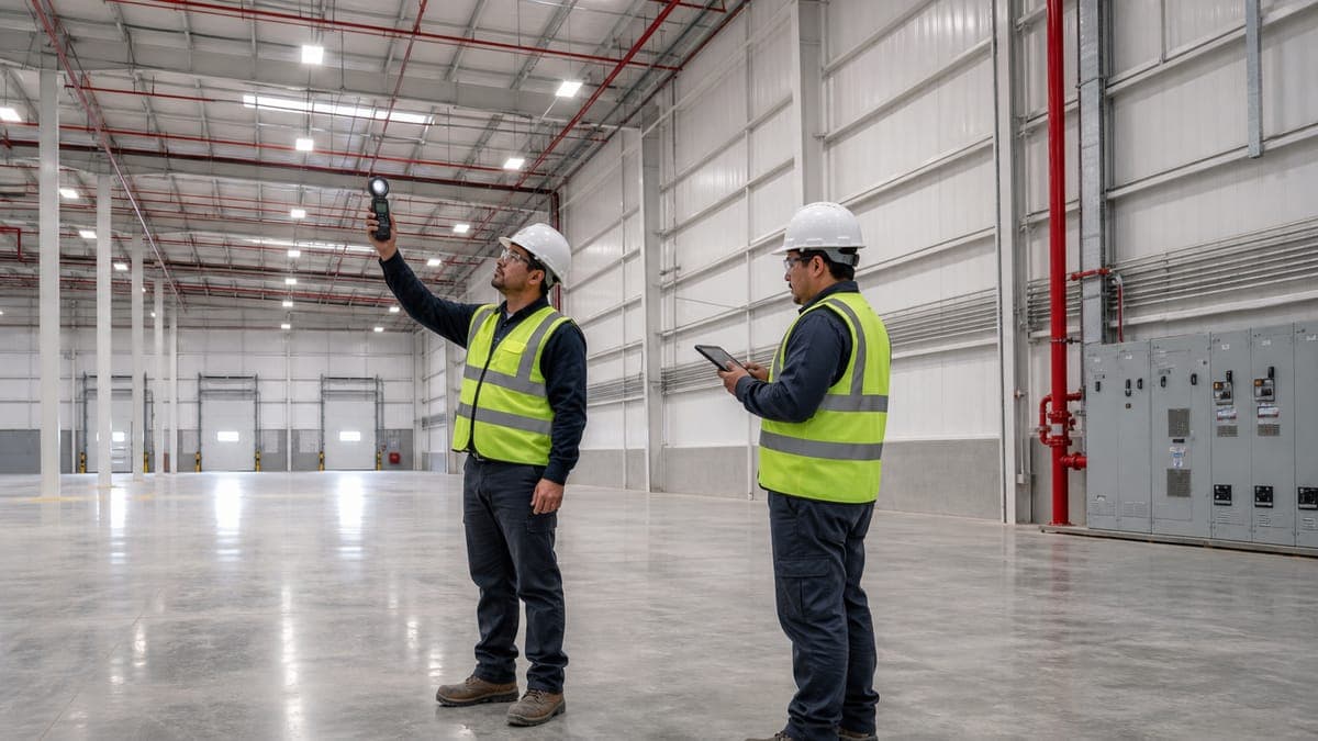 Engineers checking lighting and recording test results during the technical handover of an industrial building