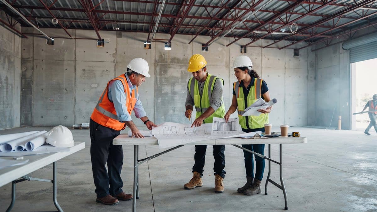 Executives and construction managers reviewing drawings and the budget for an industrial building under construction