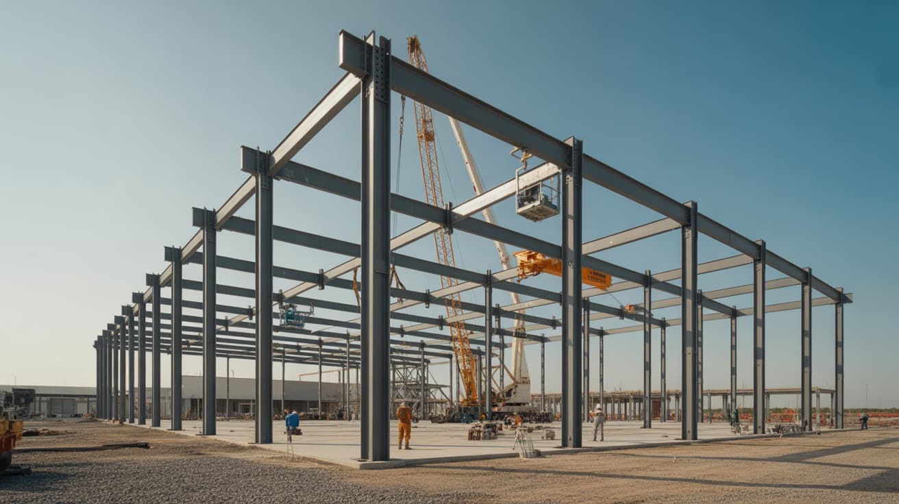 Steel structure of an industrial building under construction with metal beams and columns
