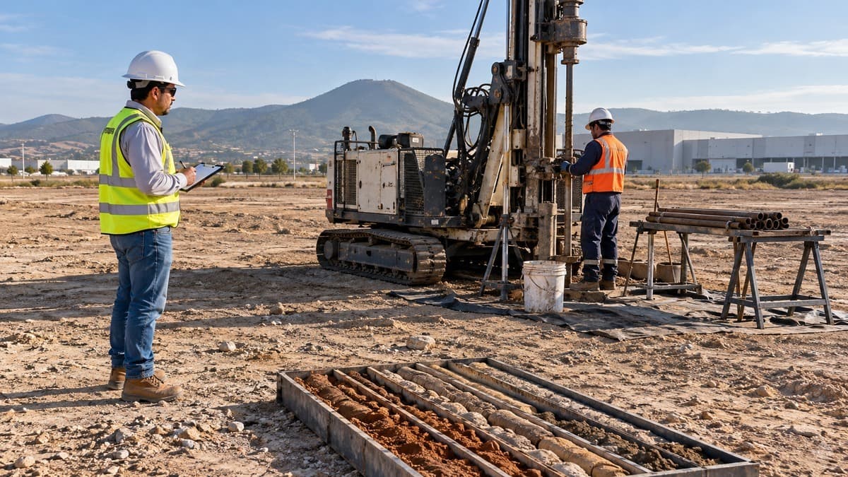 Escena ilustrativa de exploración del subsuelo con equipo de perforación y muestras de suelo en un terreno industrial.
