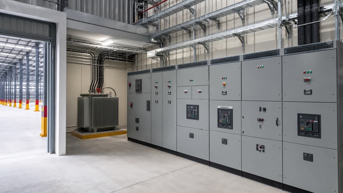 Industrial electrical room with a transformer, closed switchgear, and orderly raceways