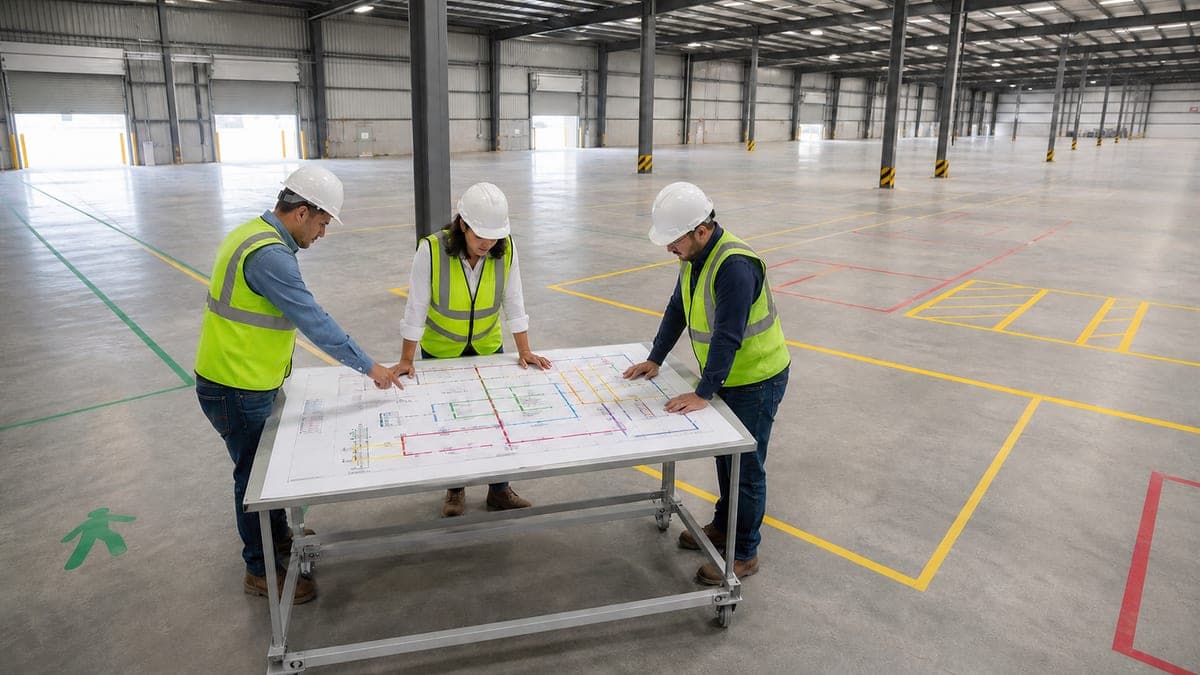 Operations team validating an industrial building layout on a floor plan