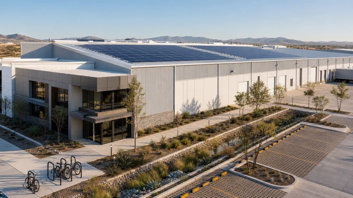 Sustainable industrial building with solar panels, regional landscaping, and stormwater management