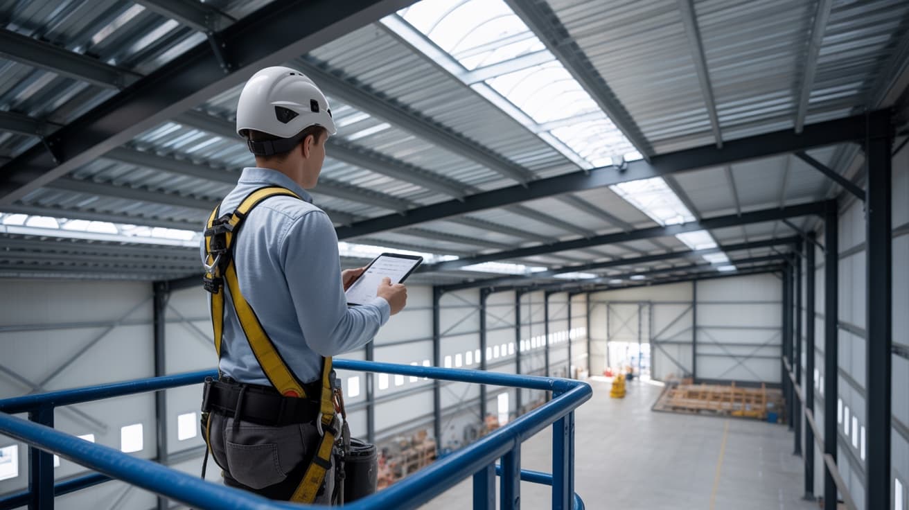 Technician wearing a harness and using a checklist while inspecting an industrial building's structure and roof