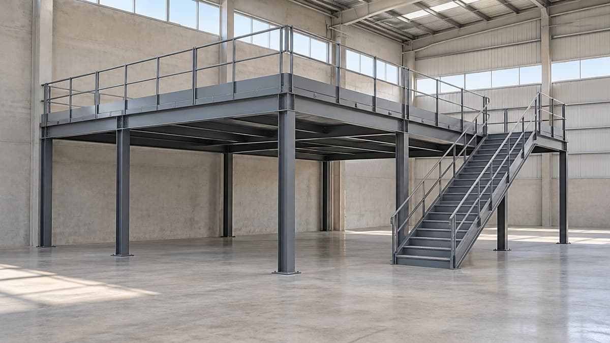 Entrepiso de acero con columnas propias, barandales y escalera dentro de una nave industrial.