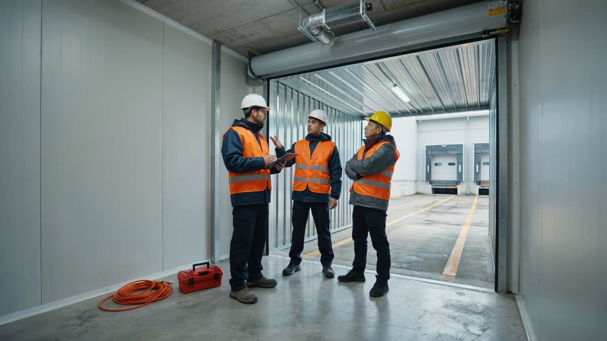 Ingenieros revisando la puerta aislada y los paneles de una cámara de refrigeración dentro de una nave industrial