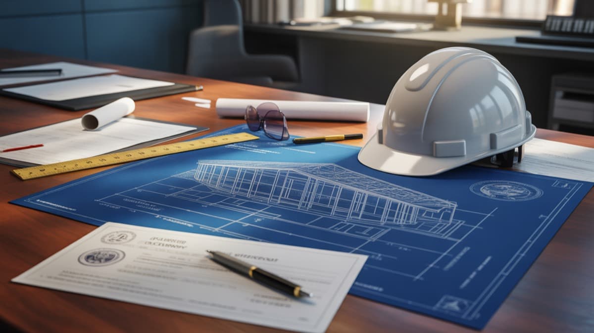 Planos arquitectónicos de una nave industrial con documentos oficiales y casco de construcción