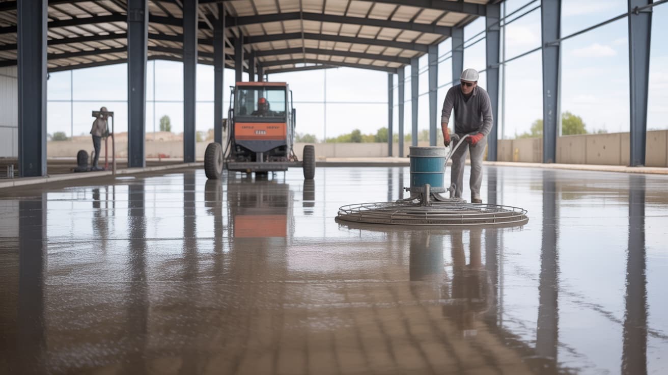 Industrial floor placement and power-trowel finishing inside a building with a vibratory screed