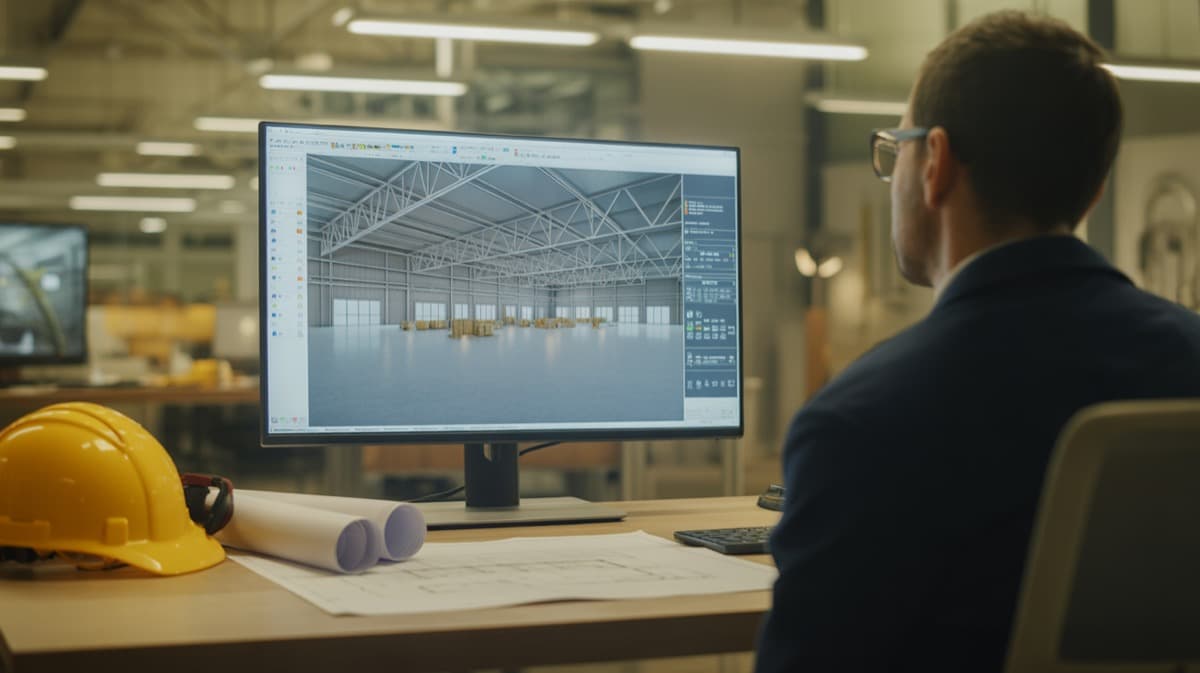 3D BIM model of an industrial building on a computer screen