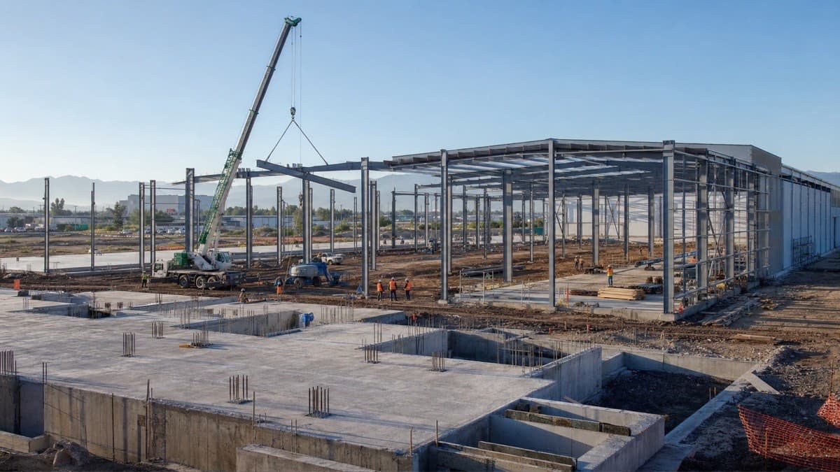 Industrial building under construction with foundations, steel structure, and roofing at different stages