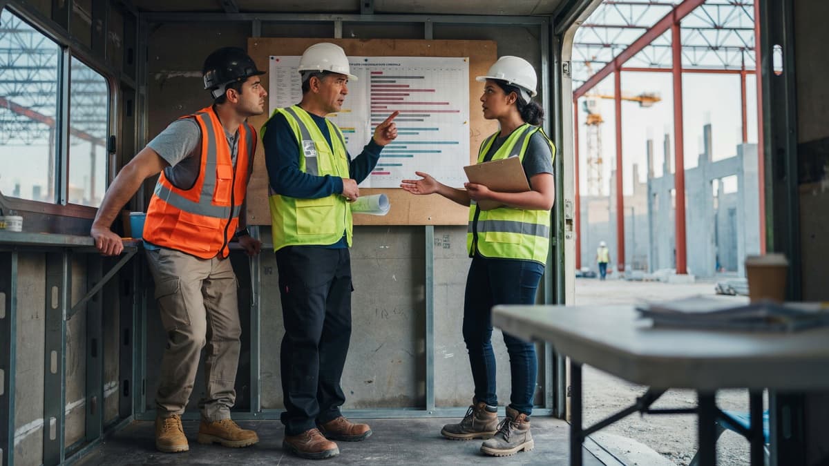 Equipo de obra revisando el programa de trabajo frente a una nave industrial en construcción