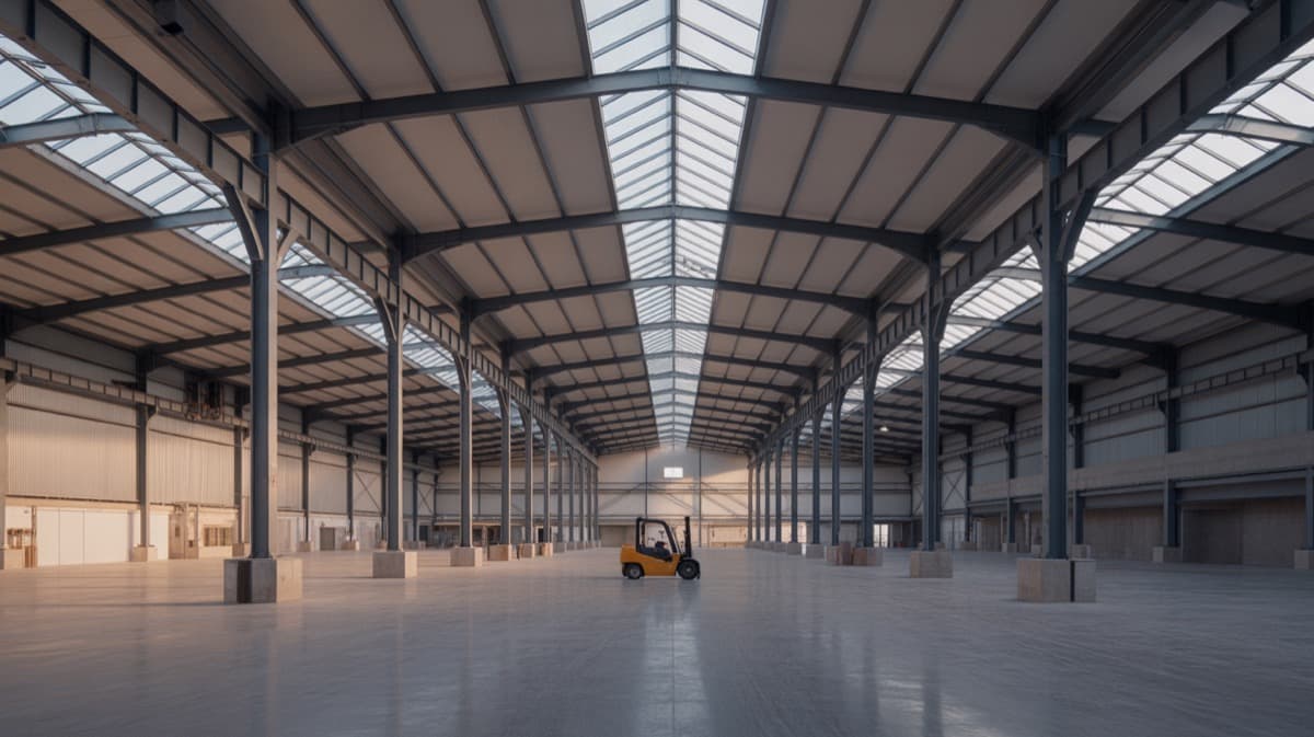 Panoramic view of a modern industrial building with a steel structure