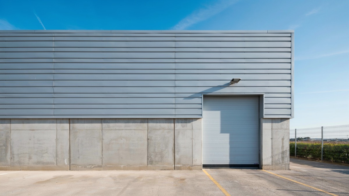 Fachada de nave industrial con paneles metálicos tipo sándwich sobre un muro perimetral de concreto