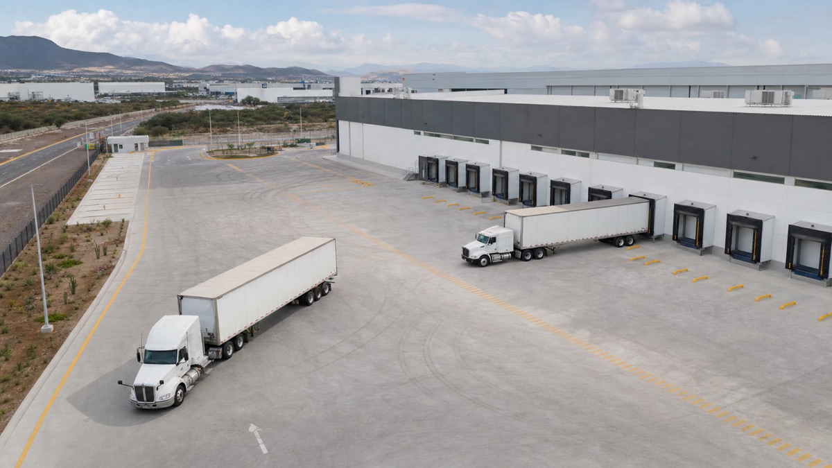 Vista aérea de un patio industrial con andenes, circulación y tractocamiones maniobrando