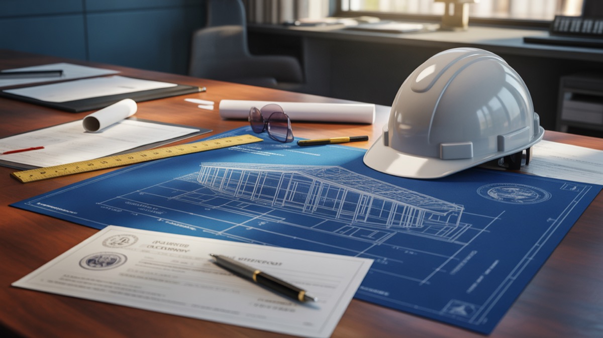 Planos arquitectónicos de una nave industrial con documentos oficiales y casco de construcción